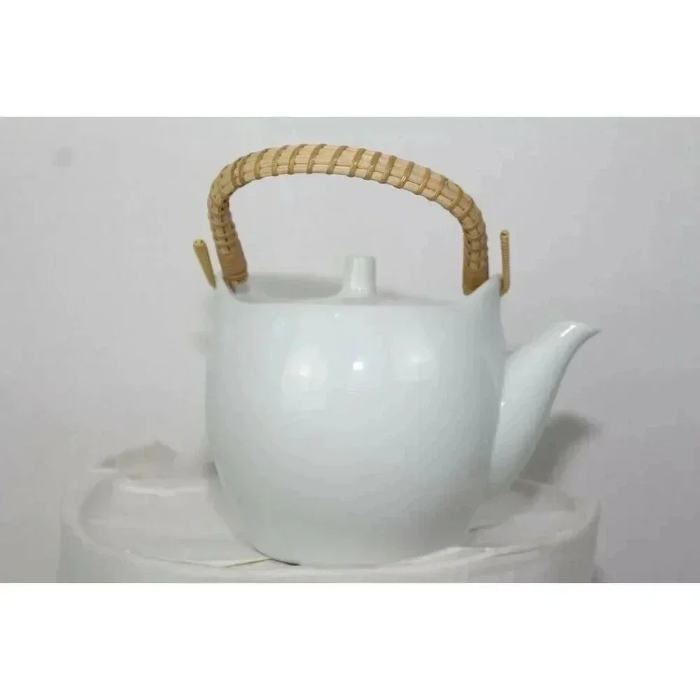 White Japanese bamboo handle tea pot 5in wide 5in tall